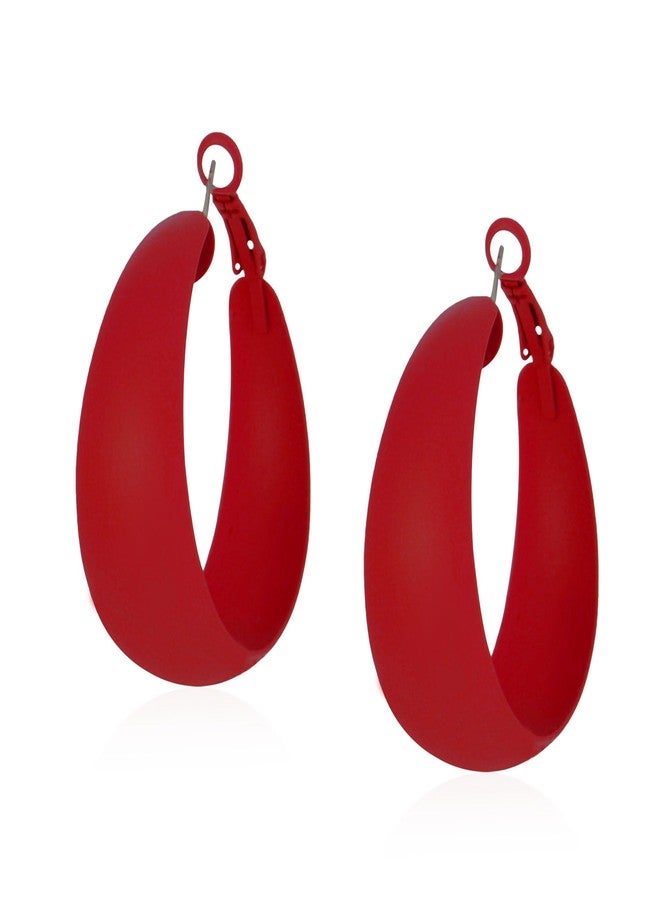 Anmpab Large Matte Round Hoop Earrings for Women Retro Geometric Pierced Neon Color Circle Dangle Earrings Party Jewelry (Red) - Image 1